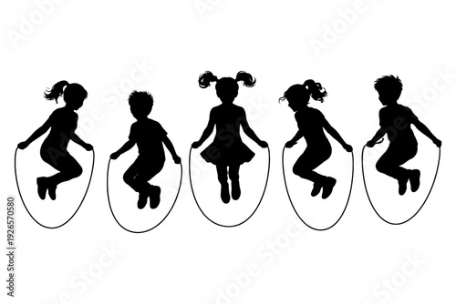Group of children skipping rope in silhouette.