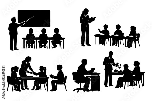 Silhouette classroom scenes: teaching and learning environments.