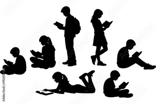 Silhouette of diverse children and teens reading books.