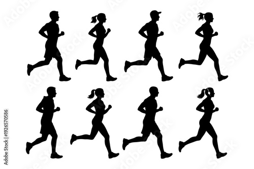 Silhouette of diverse individuals jogging in various poses.