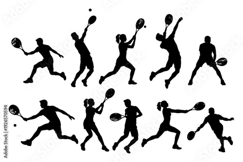 Silhouettes of tennis players in action poses.
