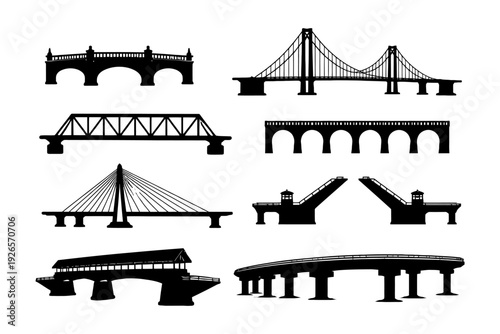 Silhouettes of diverse bridge designs spanning architectural styles.