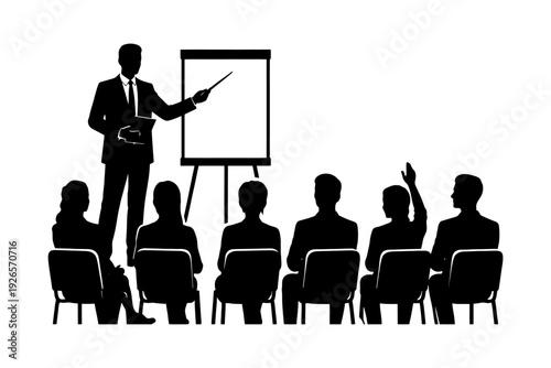 Silhouette of male presenter and audience in business meeting.