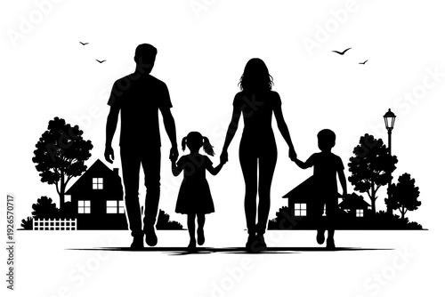 Silhouette of family walking together in suburban neighborhood setting.