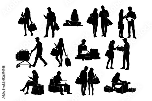 Silhouettes of people shopping and interacting in various poses.
