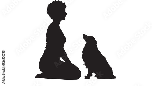 Woman kneeling with sitting dog silhouette in side profile, human and pet companionship scene, obedience training pose, minimalist black cutout isolated on white
