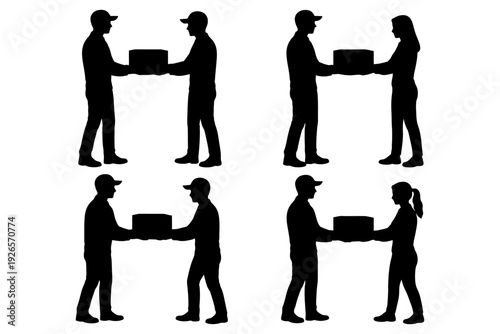 Silhouettes of delivery persons handing boxes to customers.