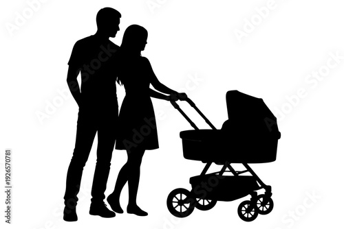 Silhouette of caucasian adult couple with baby stroller.