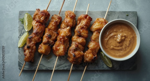 Flat top view of roasted chicken satay skewers served with lime slices and traditional peanut sauce