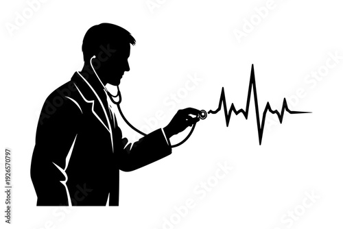 Silhouette of male doctor listening to heartbeat with stethoscope and ecg line.