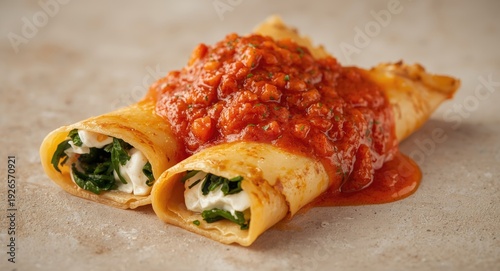 Ricotta and spinach filled crepes made with whole grain flour, baked in a zesty tomato sauce