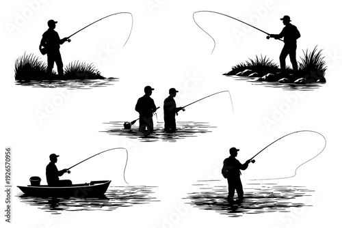 Silhouette fishing scenes: men fishing on land and water.