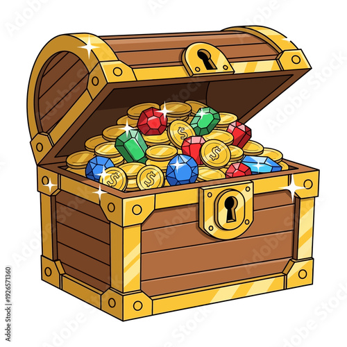 Open Treasure Chest Filled with Gold Coins and Colorful Gemstones