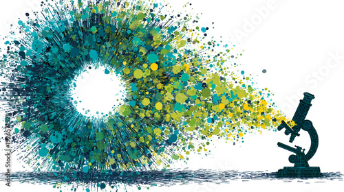 Microscope visualizes a vibrant explosion of colored particles emanating from a bright circular core