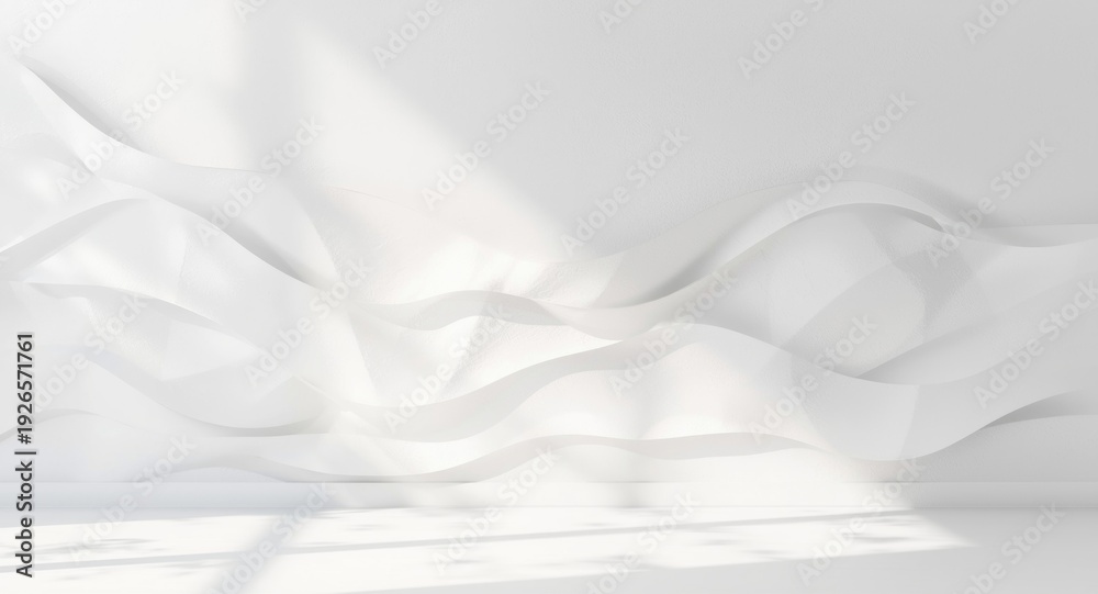 Obraz premium Minimal elegant white wall with gentle paper wave texture under soft daylight with copy space