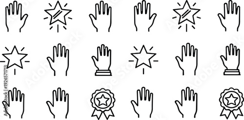 Hand Gesture and Star Award Line Icon Set with Rating Feedback Recognition Outline Vector Collection
