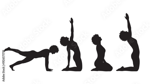 Yoga pose silhouettes of woman performing plank, kneeling side stretch, seated meditation, and backbend flow sequence isolated on white background featuring silhouette, female, asana with flexibility