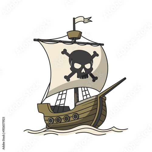 Cartoon Pirate Ship with Jolly Roger Flag Sailing on the Sea