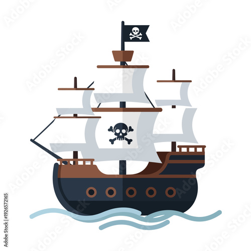 Cartoon Pirate Ship Sailing on Water with Jolly Roger Flag and Skull Emblem