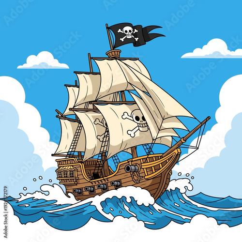 Cartoon Pirate Ship Sailing on Wavy Ocean Under Blue Sky with Clouds