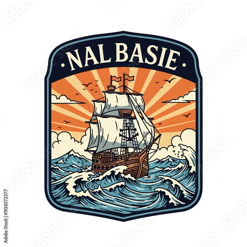 Vintage Tall Ship Sailing on Crashing Waves, Retro Nautical Emblem Design