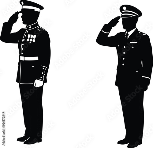 Black silhouette of military officers saluting in uniform with medals and caps isolated on white background flat vector illustration, professional.