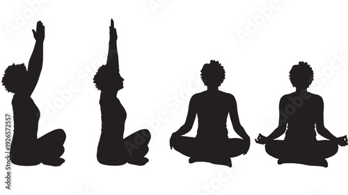 Women yoga silhouettes set with seated meditation poses, arm raise stretch, lotus position, black cutout figures isolated on white for wellness and mindfulness design