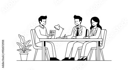 Three professionals conduct a formal meeting around a desk with a lamp and potted plant, discussing documents and signing paperwork for a business transaction.