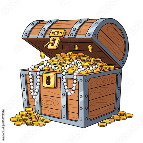 Treasure Chest Overflowing with Gold Coins and Pearls