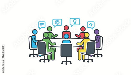 Collaborative professional meeting vector illustration with diverse participants for corporate business strategy.