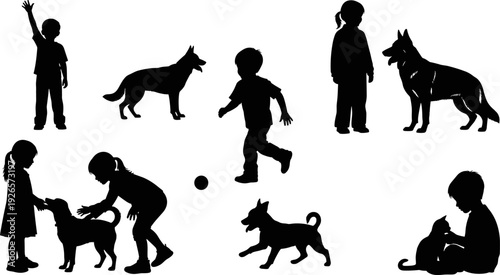 Children with pets silhouettes, kids playing walking dog cat friendship animal care vector illustration isolated design set
