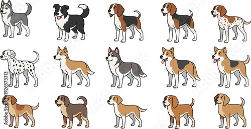 Collection of different dog breeds cartoon vector illustration, cute pet characters isolated on white background for design