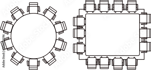 Conference table top view vector set, meeting room furniture layout, boardroom desk plan isolated illustration design collection