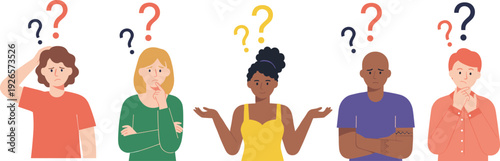 Confused people characters, thinking expressions, question mark concept, doubt uncertainty, problem solving, decision making, vector illustration set design
