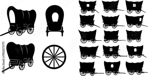 Covered wagon silhouettes collection, western pioneer transport vector illustration, antique carriage isolated, vintage frontier wagon set bundle pack