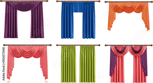 Curtain drapes vector collection, window treatment fabric decor, classic interior textile illustration isolated design elements set