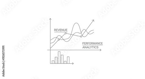 Revenue performance analytics display shows fluctuating line graphs intersecting with a horizontal benchmark above a foundational bar chart.