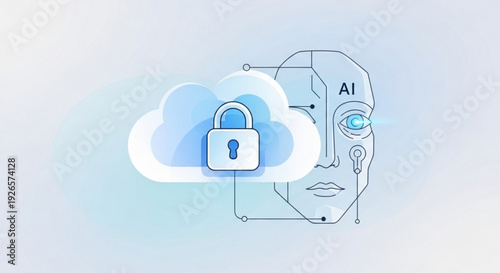 Ai robot face with cloud and padlock symbolizing secure artificial intelligence and data protection