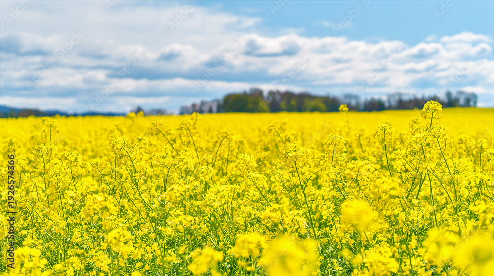 Fototapeta premium 青空の下に広がる鮮やかな菜の花畑・広大な自然の景観
