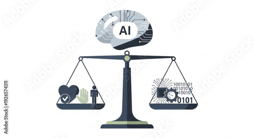 Ai concept balancing human emotions and technology on a scale weighing heart and innovation