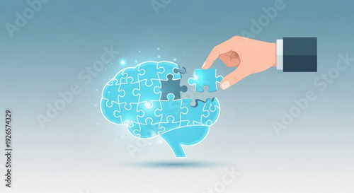 Hand placing puzzle piece into brain representing problem solving thinking and mental clarity with a blue gradient background