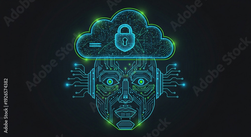 Neon lit robotic face with glowing cloud and padlock on forehead cyberpunk style futuristic technology concept