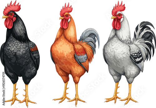 Set of Colorful Rooster Vector Illustrations Featuring Ginger Black and White Cockerels Isolated on White for Agricultural Branding Farmers Market Signs and Rustic Country Decor