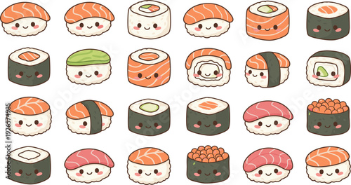Cute sushi cartoon collection, kawaii Japanese food characters vector illustration isolated on white background for kids design