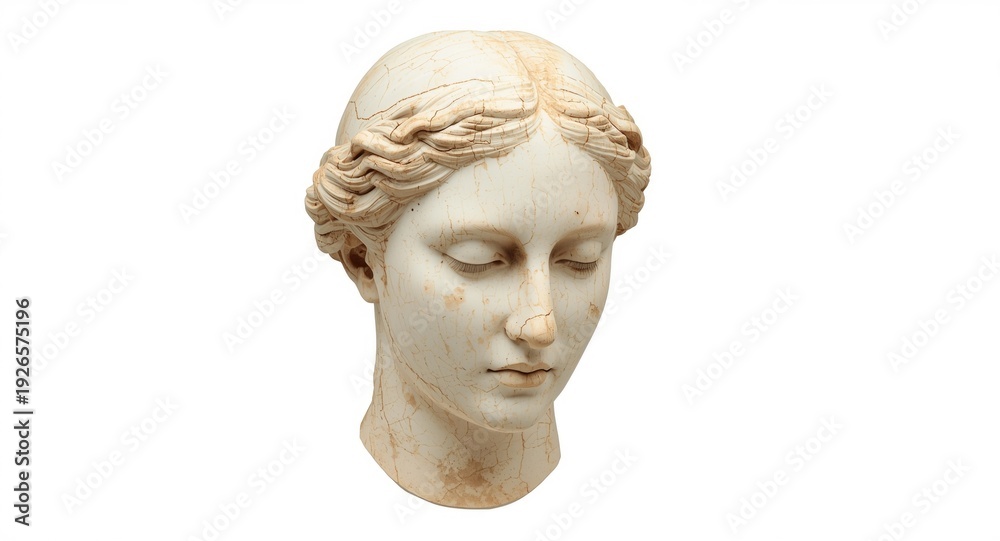 Fototapeta premium Plaster bust of an ancient womans face isolated on a clean white background