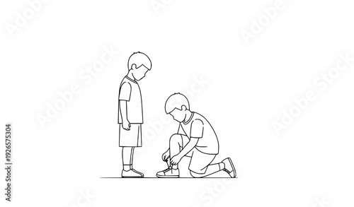 Helping friend shoelace simple black white vector illustration