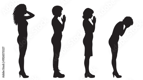 Women silhouette set with different hairstyles and poses, black profiles featuring silhouettes, female, people with fashion and beauty elements for elegance, pose projects, clean composition on