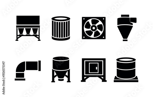 Industrial dust filtration systems: dust collector, filter cartridge, blower fan, cyclone separator, duct pipe, collection bin, support frame, access