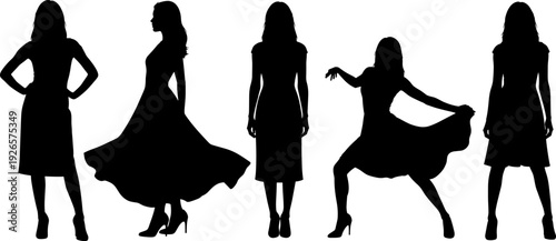 Elegant woman silhouette collection, female fashion poses vector illustration isolated design set for beauty model glamour concept