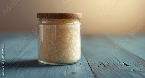 Natural exfoliant scrub with coconut pulp and sugar in glass jar positioned on blue wooden surface